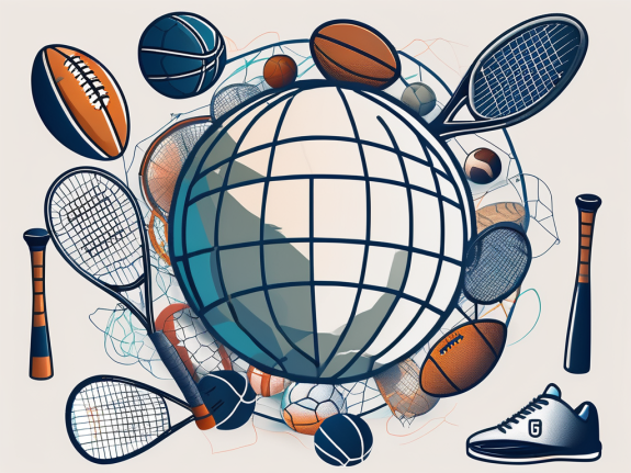 A globe with various sports equipment like a football