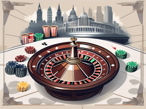 A high stakes roulette table with various casino elements like chips