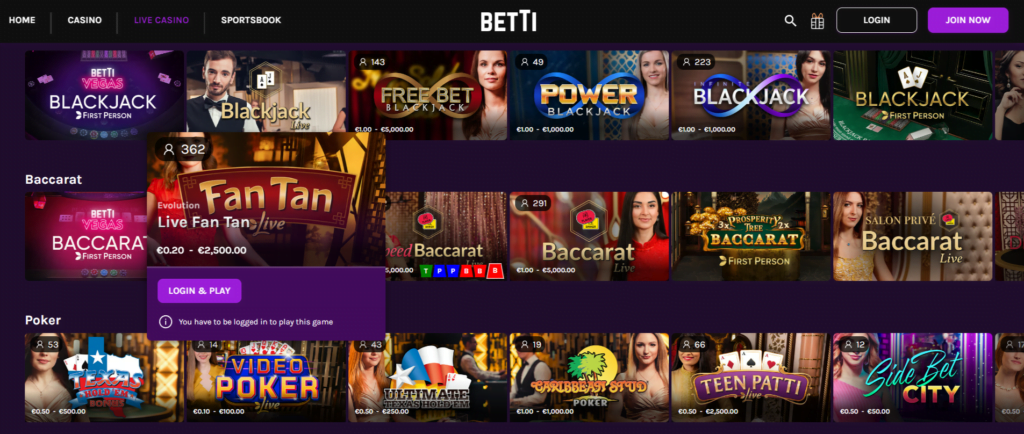 Betti Casino Live Games